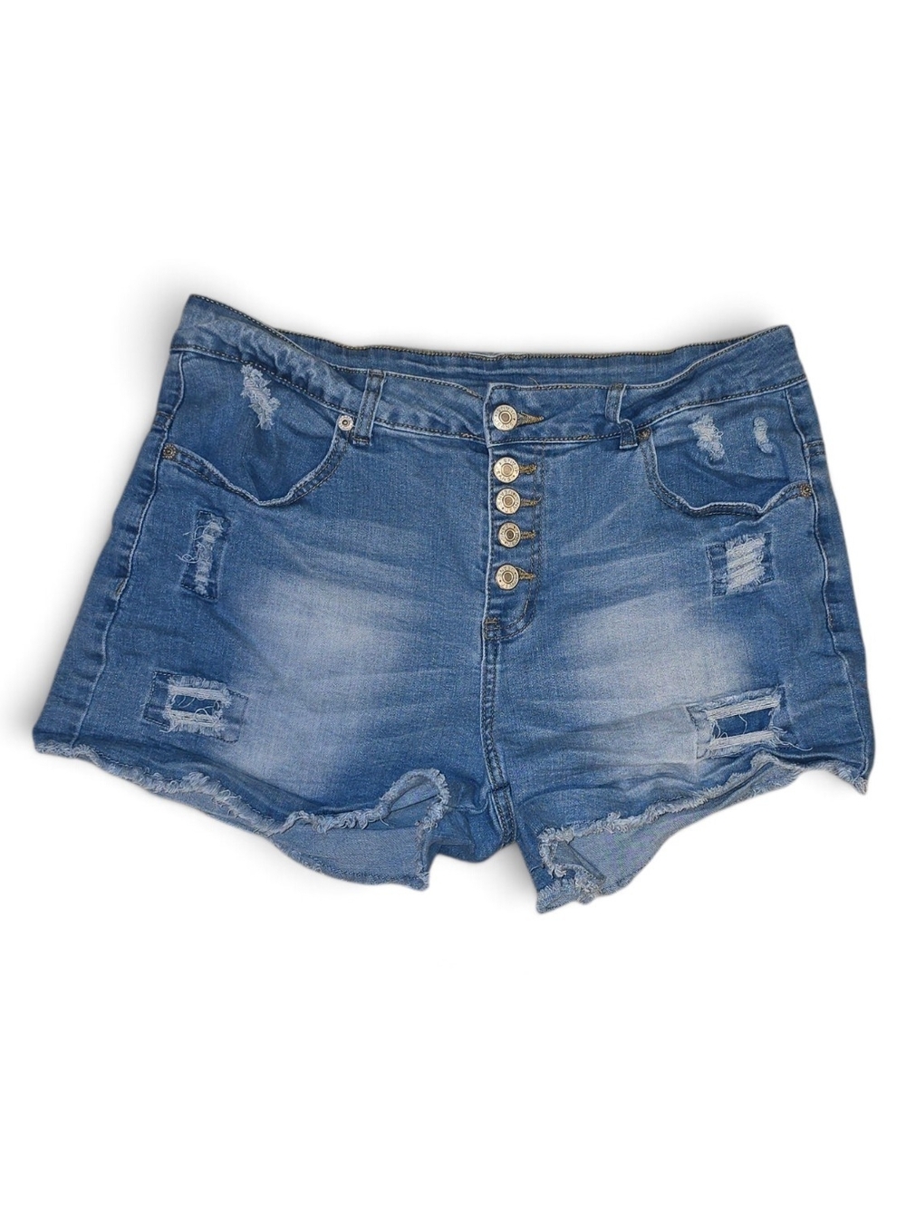 High-Rise Distressed Denim Shorts in Blue